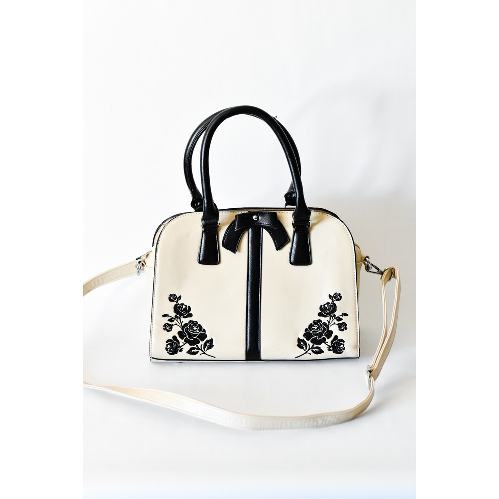 Cream Black Rose Embroidered Satchel Crossbody Bag Bow Detail Leopard Lining